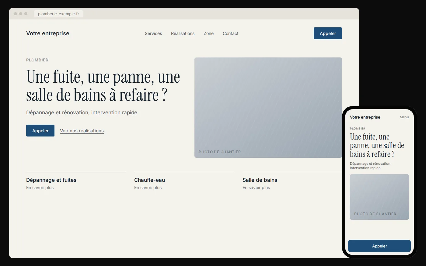 Après : site internet moderne pour un plombier, avec les services et le numéro de téléphone bien visibles